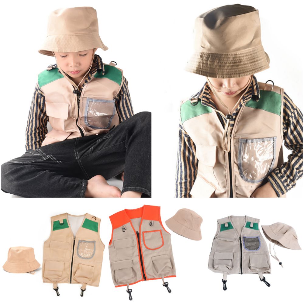Outdoor Adventure Kit For Kids - カラフルな子供用探検家帽子とベストのセット。カーゴデザインのベストと帽子で、子供たちの屋外冒険を盛り上げる、着せ替えゲーム用の探検家キット。