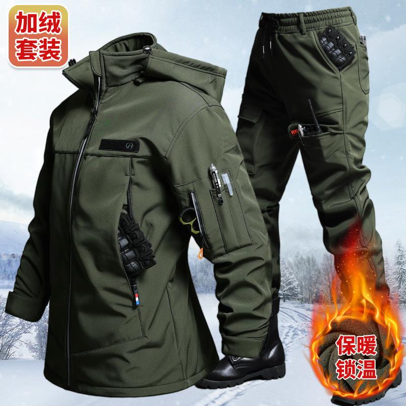 Outdoor Adventure Trips - 秋と冬のベルベット防水タクティカルジャケットとパンツセット男性用サイクリングハイキングキャンプアドベンチャー衣類