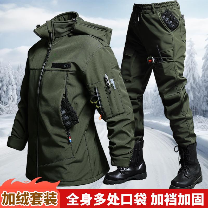 秋と冬のベルベット防水タクティカルジャケットとパンツセット男 - Outdoor Adventure Trips のレビューと価格
