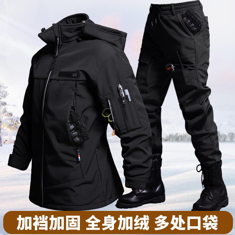 秋と冬のベルベット防水タクティカルジャケットとパンツセット男 - Outdoor Adventure Trips のレビューと価格